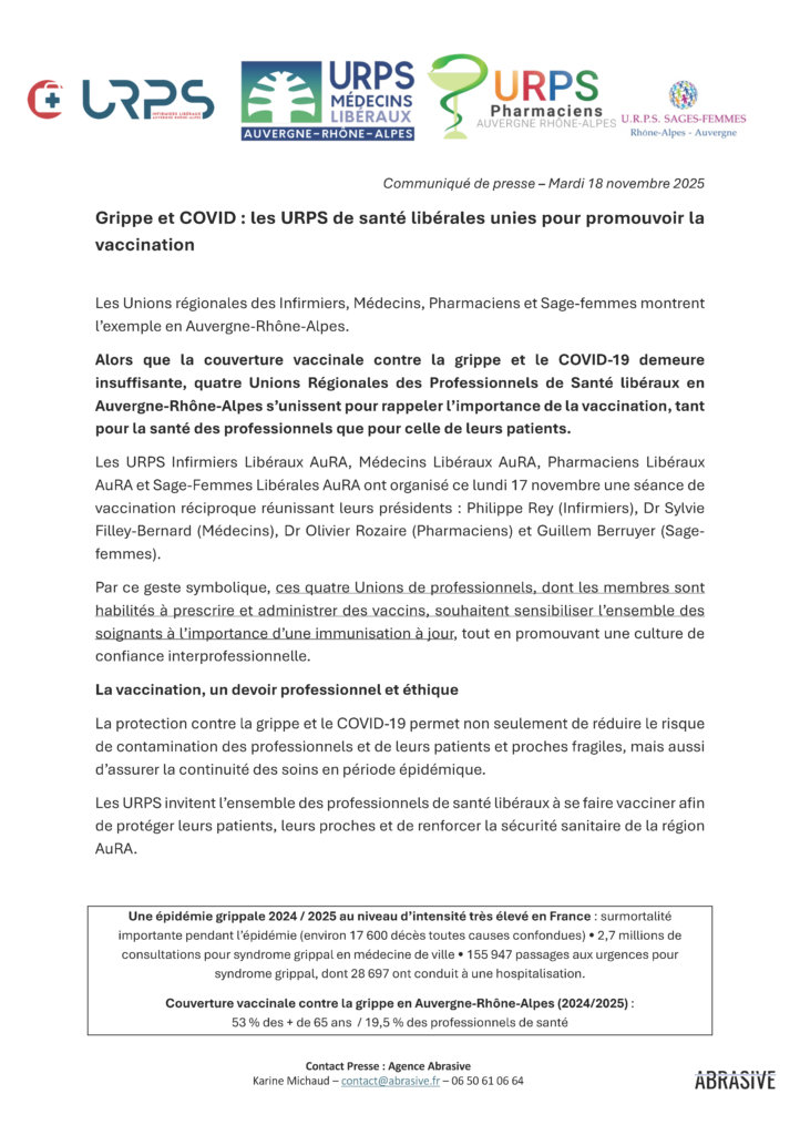 Communiqué de presse inter urps ARA pour la promotion de la vaccination des professionnels de santé