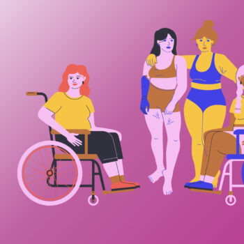 **Balise alt :** `Illustration représentant quatre femmes aux morphologies et situations de handicap variées : deux sont en fauteuil roulant, l'une a une prothèse de bras, l'une est debout. Elles posent ensemble sur un fond rose-violet, vêtues de tenues colorées jaunes et bleues.`