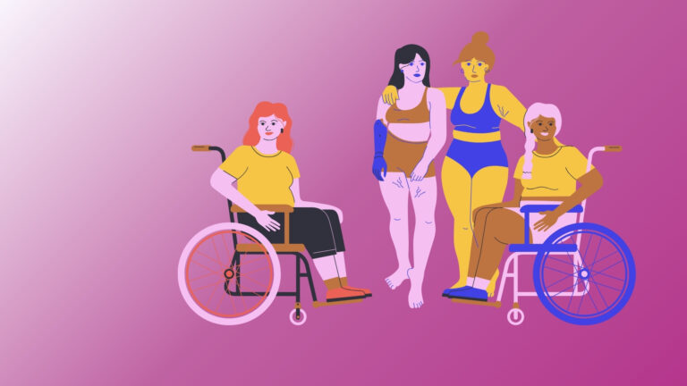**Balise alt :** `Illustration représentant quatre femmes aux morphologies et situations de handicap variées : deux sont en fauteuil roulant, l'une a une prothèse de bras, l'une est debout. Elles posent ensemble sur un fond rose-violet, vêtues de tenues colorées jaunes et bleues.`